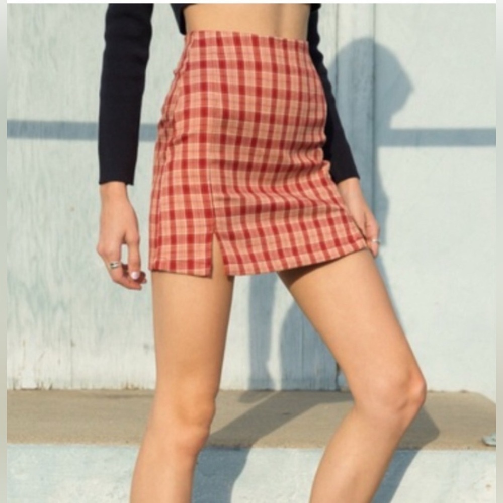 Brandy Melville Red Plaid Unlined Mini Skirt With Side Slits Size 24 (Small)